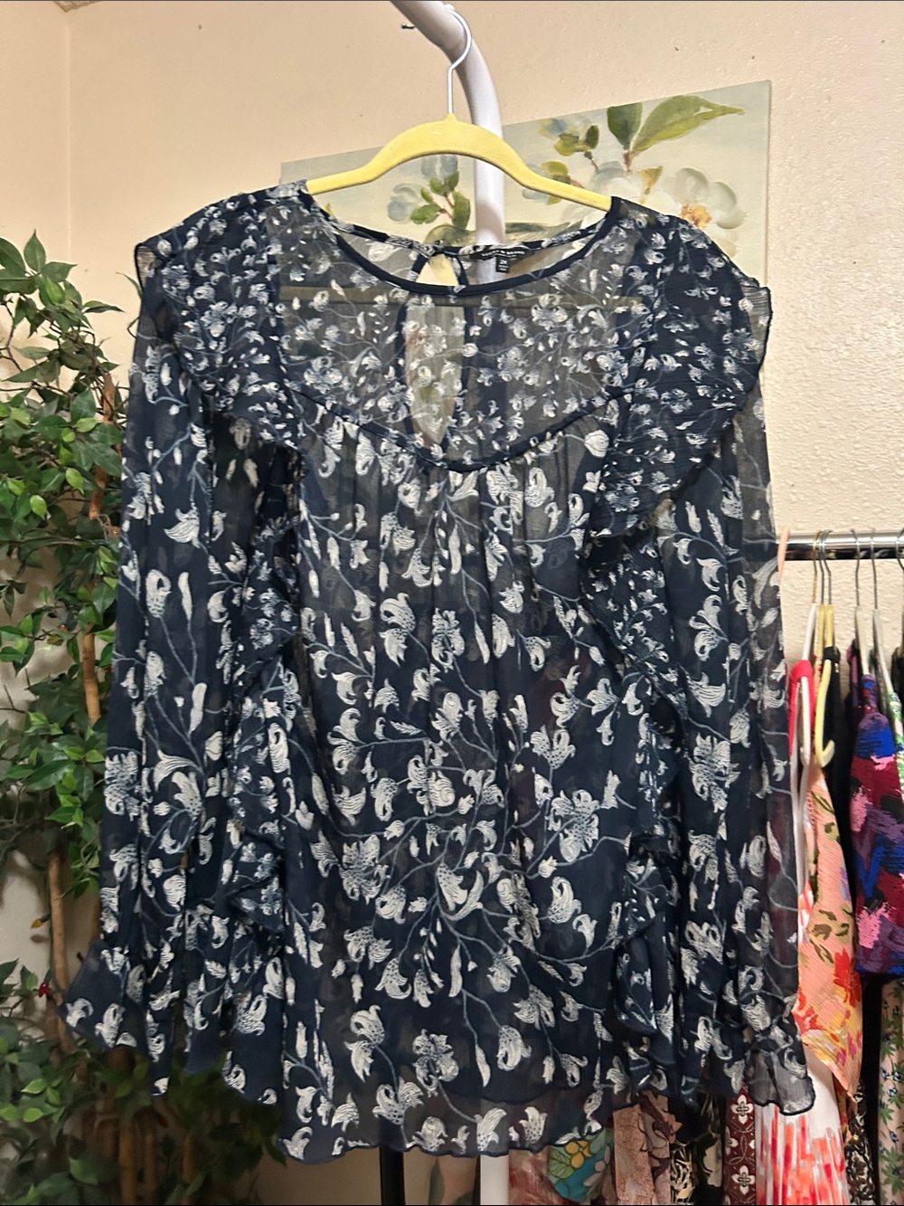 Lucky Brand Navy Blue and White Floral Long Sleeve Sheer Top